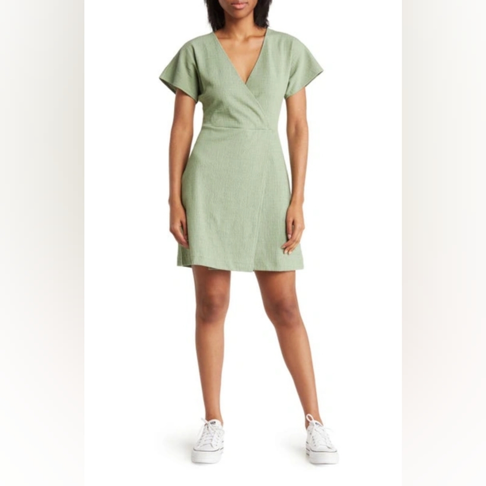 MADEWELL Plus Cross Front Flutter Sleeve Minidress In Dried Aloe Size 2X NWOT